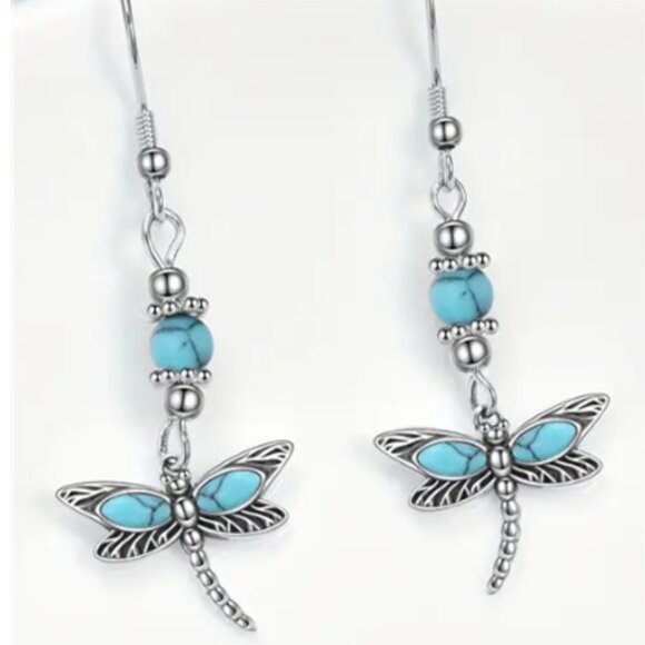 Bohemian Silver Electro-Plated Synthetic Turquoise Dragonfly Dangle Earrings - Picture 3 of 3